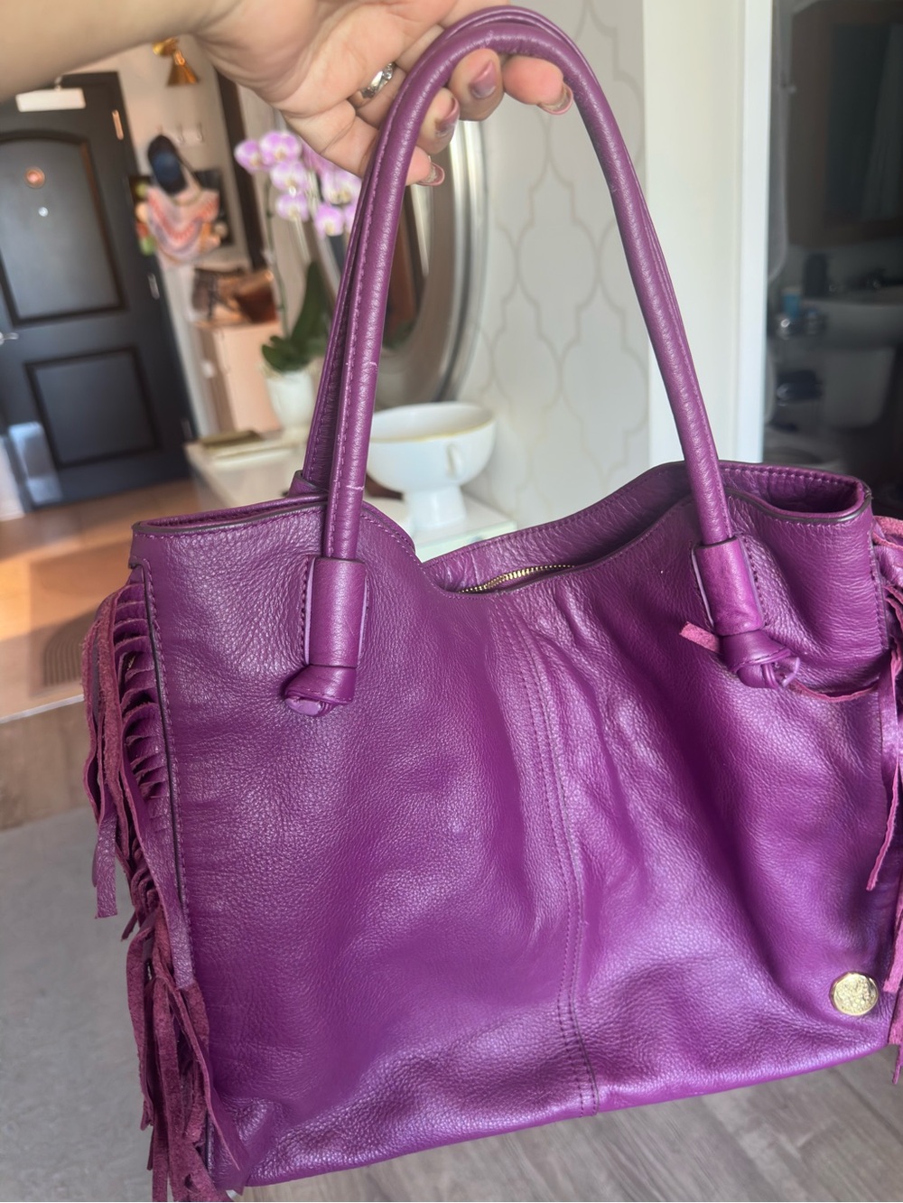 Vince Camuto Sandi Leather Fringe Tote Plum Purple Large Shoulder Bag
